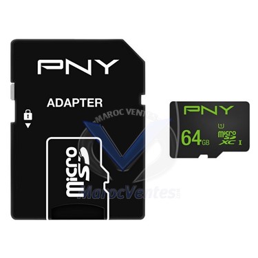 Carte Mémoire MicroSDHC 64Go (avec adaptateur) PNY